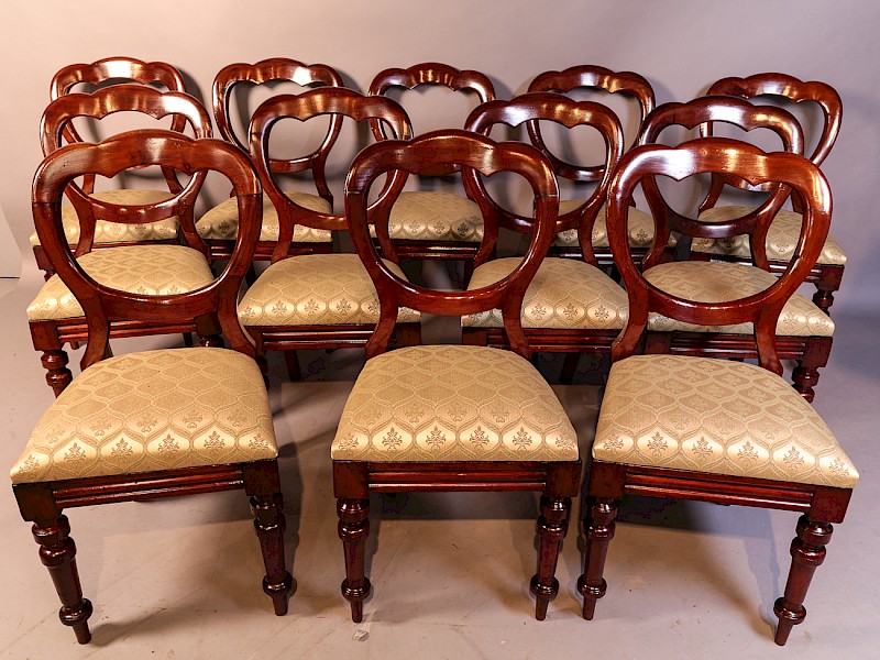 A Good Set of 12 Victorian Mahogany Balloon Back dining Chairs