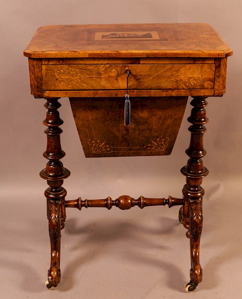 A Good Victorian Ladies Sewing Table inlaid with castle ruins
