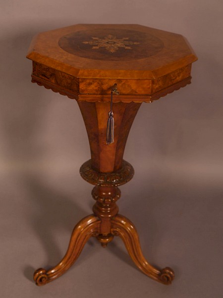 A Victorian Hexagonal Ladies Sewing Table in Figured Walnut