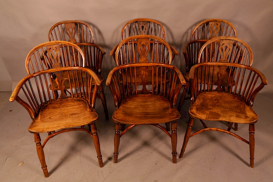 A Rare set of 6 Yew Wood Windsor chairs Retford Maker William Wheatland