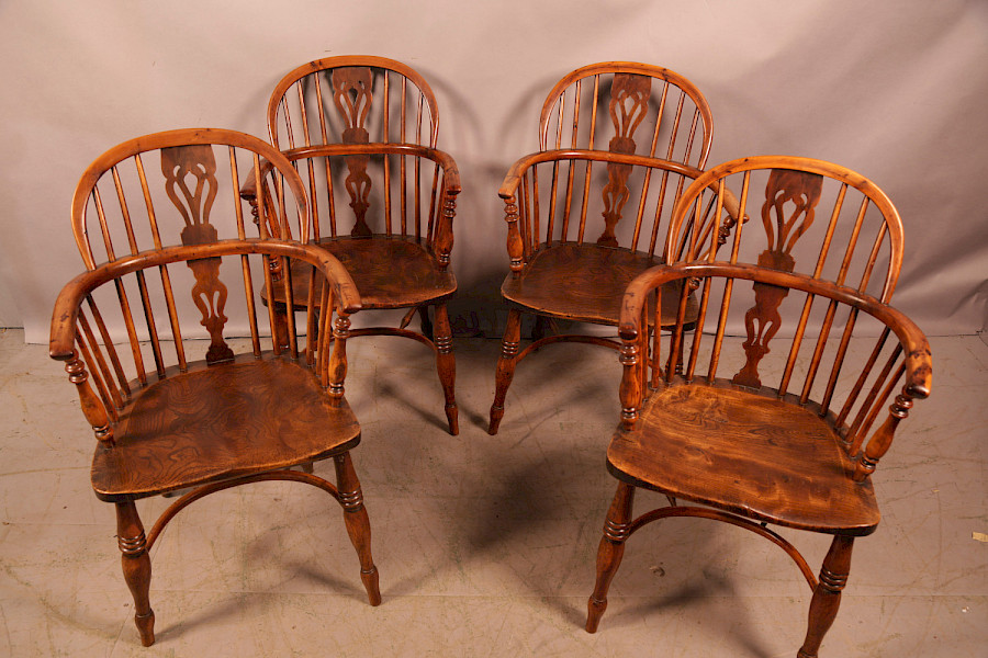 A Rare Genuine Matching set of 4 Yew Wood Windsor Chairs