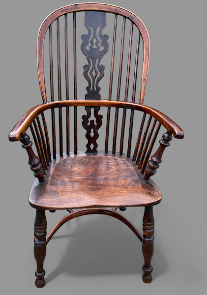 A super high back Yew wood Windsor chair by Gabbitass of