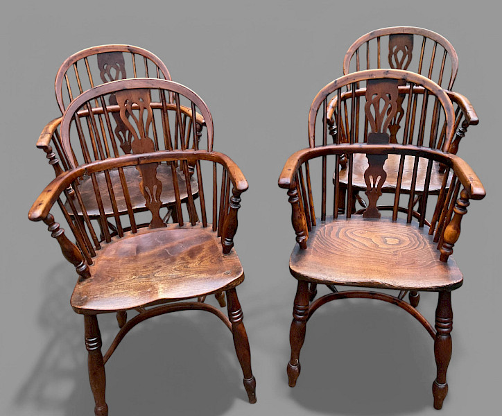 A set of 4 Yew Wood low back Windsor Chairs Rockley maker